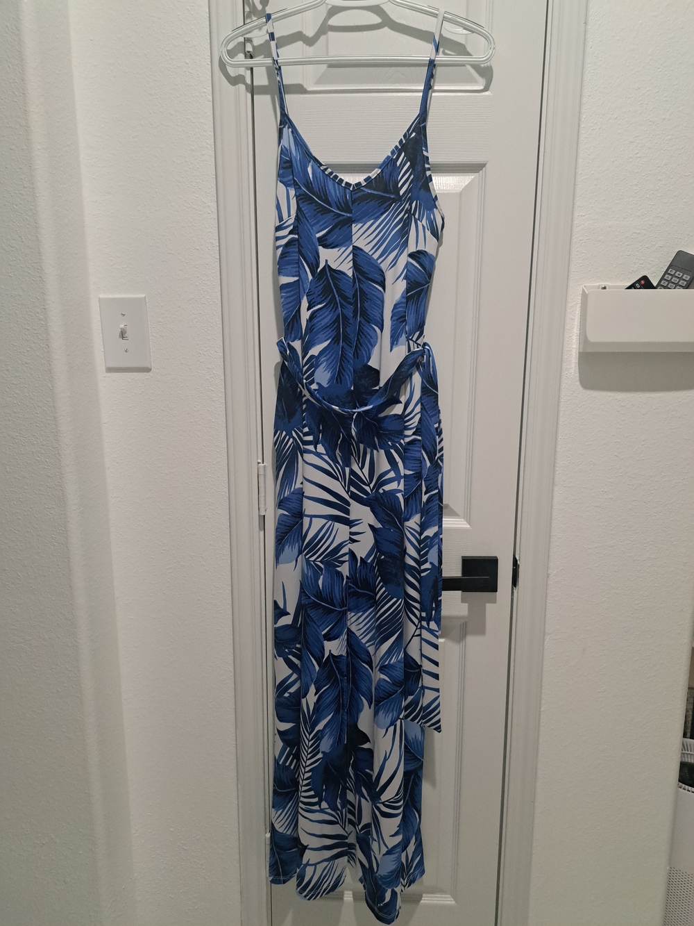 Love Squared Blue and White Tropical Leaf Maxi Dress